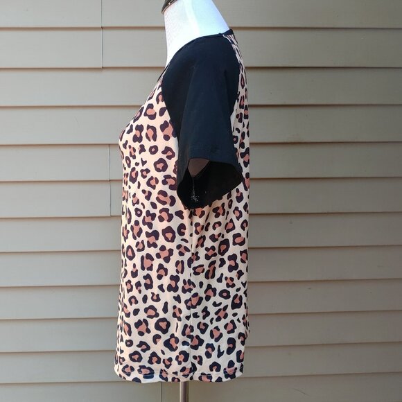 Animal Print Raglan Short Sleeve Top Cream Black Cheetah Blouse - Picture 6 of 9